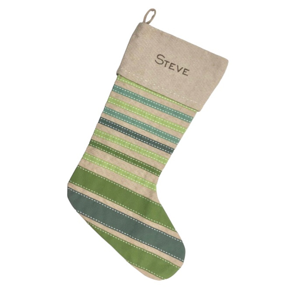 WEST ELM Linen Christmas Stocking Green Grosgrain Ribbon ~ “Steve” Monogram